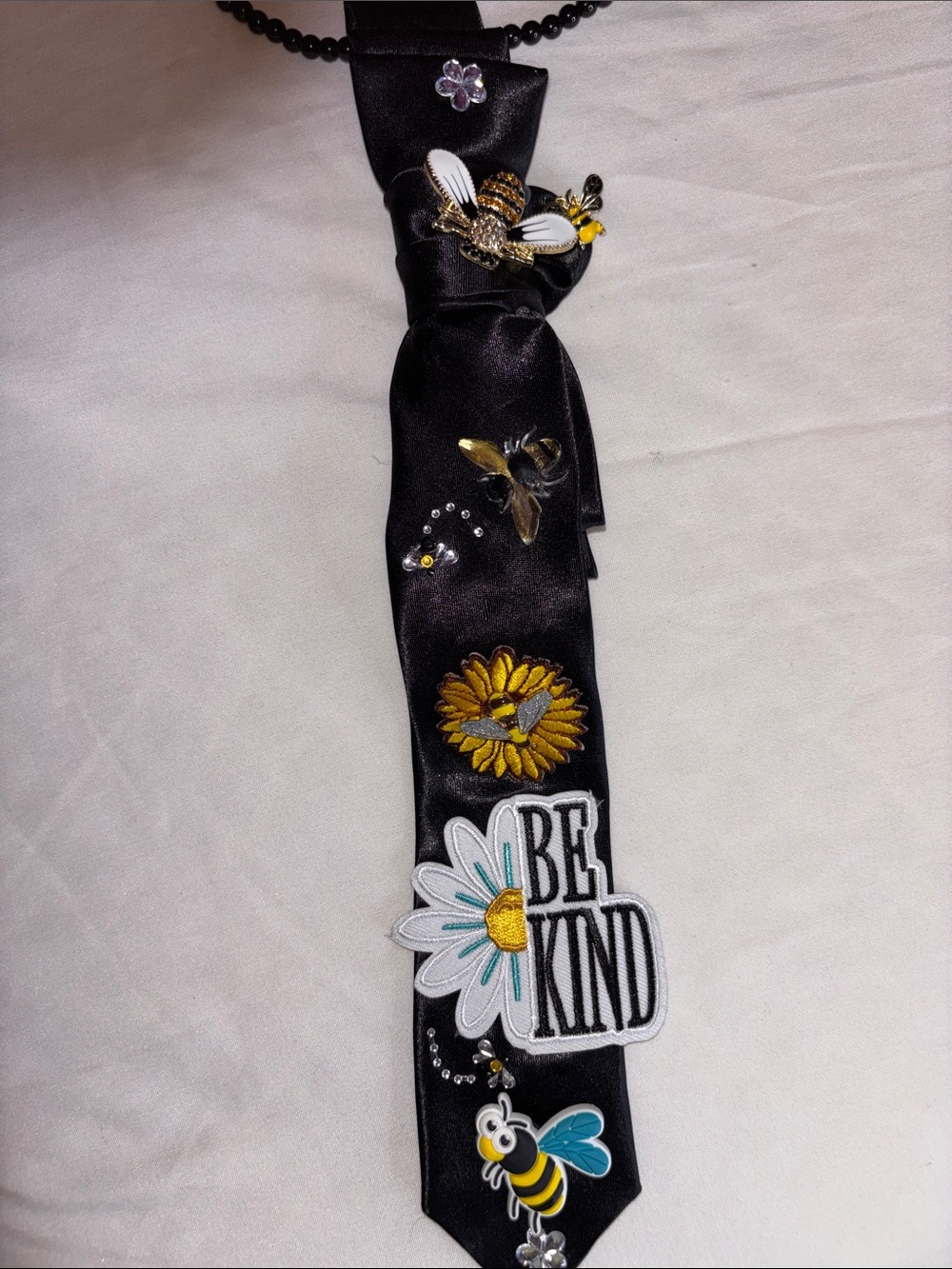 Hand Crafted Black Satin Kids Tie with Yellow Bee & White Daisy Patches